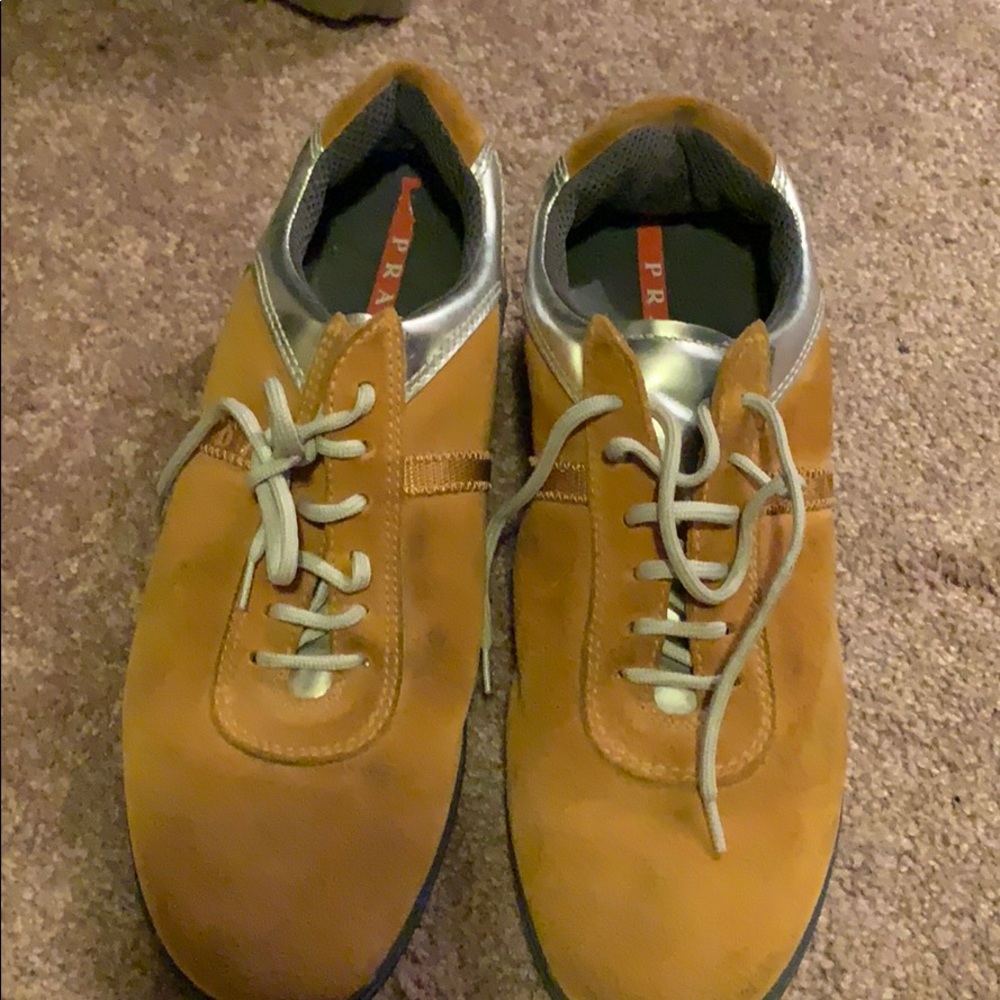 Prada mustard color suede& silver loafers